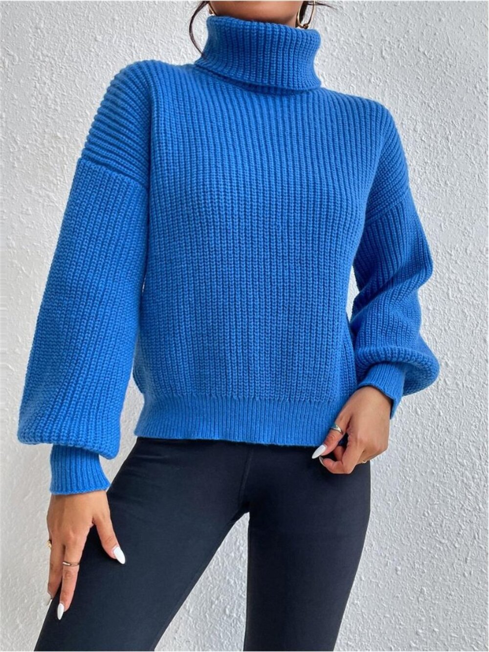 Ribbed Knit Turtleneck Dropped Shoulder Sweater, Long Sleeve Top - Picture 5 of 8